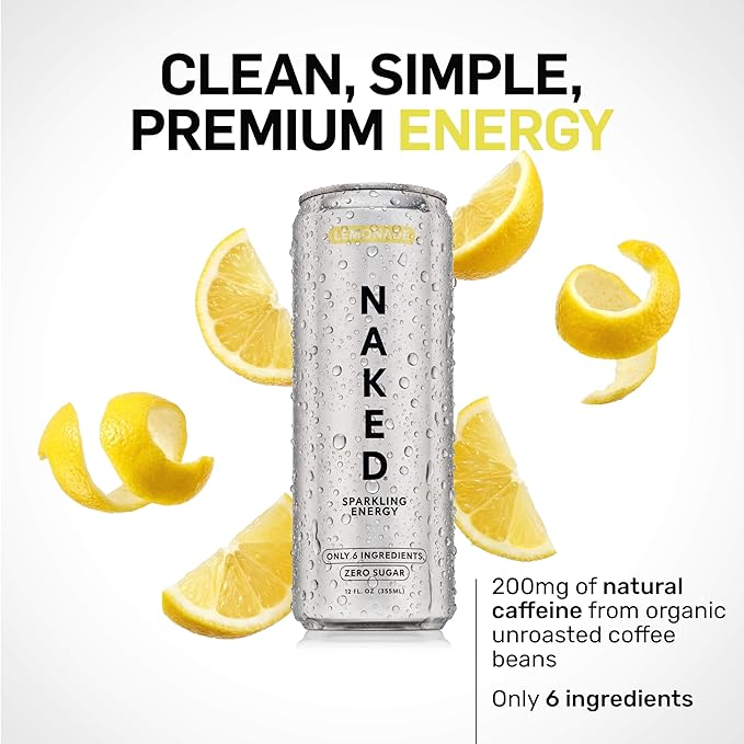 Naked Sparkling Energy Drink - Lemonade Organic Caffeine Organic Lemon Juice Zero Sugar No Sucralose Naturally Sweetened Clean Energy Drinks Vegan Gluten-Free Non-GMO - 12oz Cans (Pack of 12)