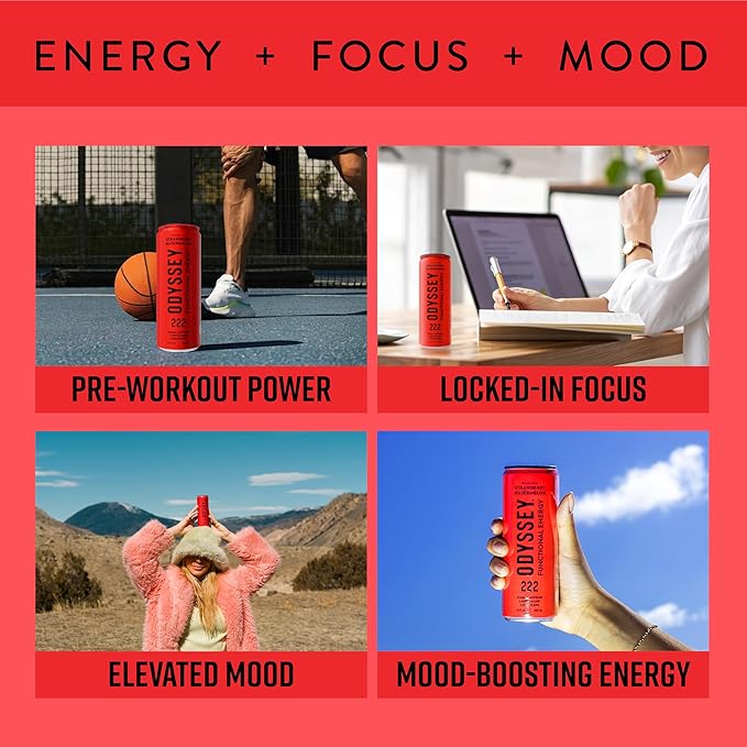 Odyssey Elixir - Odyssey 222 - Sparkling Energy Drink - 222 mg of Caffeine - Lion's Mane &amp Cordyceps - Energy &amp Focus - Endurance &amp Stamina - Nootropic - Pre Workout - Strawberry Watermelo