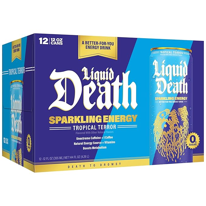 Liquid Death Sparkling Energy - Tropical Terror (Classic Piña Colada) Zero Sugar Energy Drink Unextreme Caffeine 100mg Essential Vitamins 12 Fl Oz (Pack of 12)