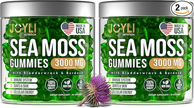JOYLI Nutrition 2 Pack - Sea Moss Gummies for Adults &amp Kids – Vegan Irish Sea Moss Supplement with Bladderwrack &amp Burdock Root – Sugar-Free Immune Support Supplements - 60 Gummy Bears per Pack