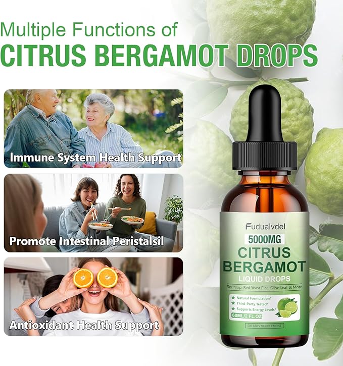 2 Packs 5000mg Citrus Bergamot Liquid DropsReduce Triglycerides Bergamot Supplement for High Cholesterol Immune Support for Anti AgingAntioxidantLime BitterNatural Olive Leaf Extract4 Fl Oz