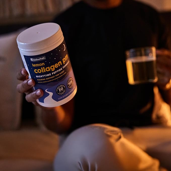 NativePath Collagen PM Sleep Powder Lemon - Melatonin Magnesium GABA &amp L-Theanine with 10g Grass-Fed Collagen - 20 Servings Nighttime Recovery Drink