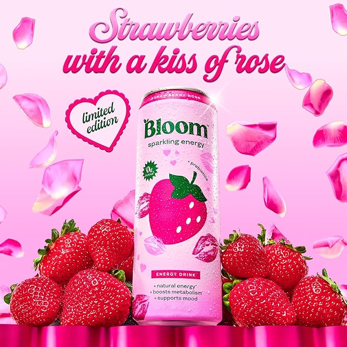 Bloom Nutrition Sparkling Energy Drink - Natural Caffeine Zero Sugar 180mg Caffeine - Antioxidant-Rich with Green Coffee Bean Green Tea Extract Prebiotics - Strawberry Rose - 12 oz (12 Pack)