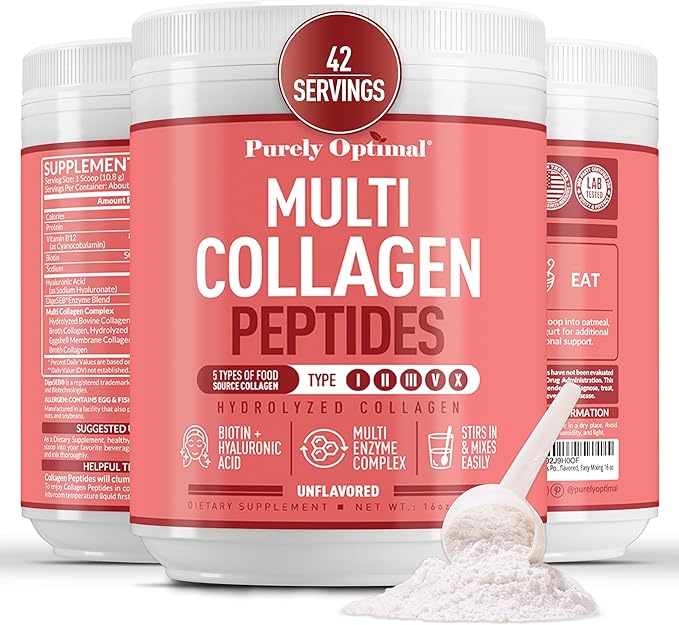 Purely Optimal Collagen Peptides Powder - 5 Types Hydrolyzed Collagen Peptides with Biotin B12 &amp Hyaluronic Acid for Hair Skin Nails Bones &amp Joints - Unflavored Easy Mixing 16oz 42 Ser