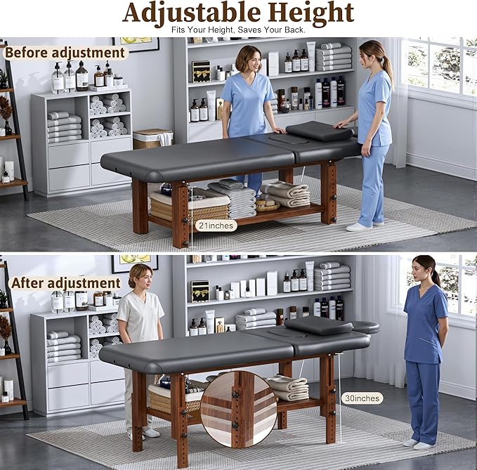 Adjustable Professional Massage Table Wood Stationary Massage Table with Adjustable Height &amp Backrest Eyelash Bed with Large Storage Space C Shape Pillow for Spa Treatment Beauty