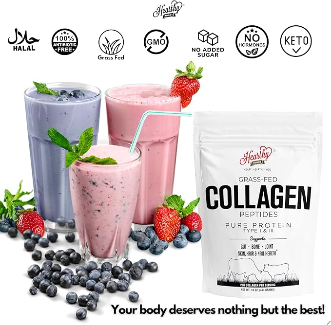 HEARTHY FOODS Collagen Powder - 18g Protein - Pure Halal Collagen Peptides Grass Fed Organic Hydrolyzed Powder | Type I and III Unflavoured Keto Friendly Gluten Free No Sugar Non GMO 16 Oz
