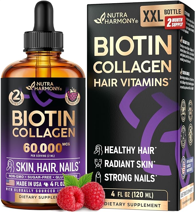 Liquid Biotin &amp Collagen 60000 mcg - Vitamins for Hair Growth Support - Extra Strength Drops for Women &amp Men - Liquid Collagen Supplement - Strong Nails &amp Healthy Skin - Made in USA - 4 F