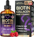 Liquid Biotin &amp Collagen 60000 mcg - Vitamins for Hair Growth Support - Extra Strength Drops for Women &amp Men - Liquid Collagen Supplement - Strong Nails &amp Healthy Skin - Made in USA - 4 F