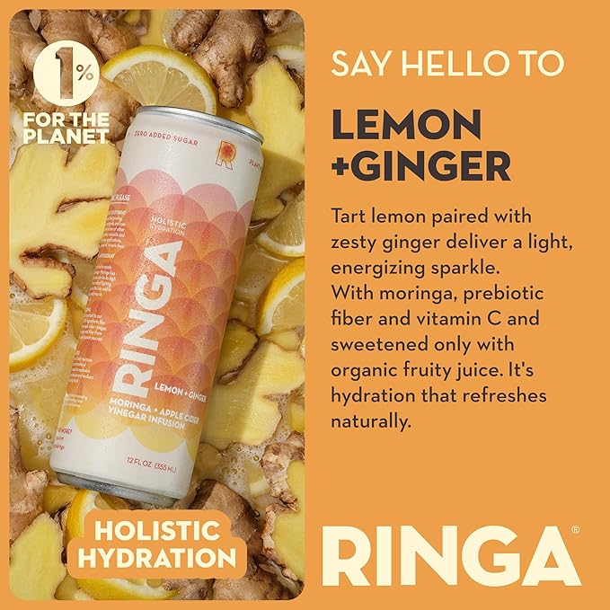 Ringa Sparkling Lemon Ginger Hydration 12 FZ Sparkling Drink – Organic Moringa + Apple Cider Vinegar with 3g Prebiotic Fiber – No Added Sugar Gut Health &amp Daily Hydration – 12oz Cans (LEMON GING