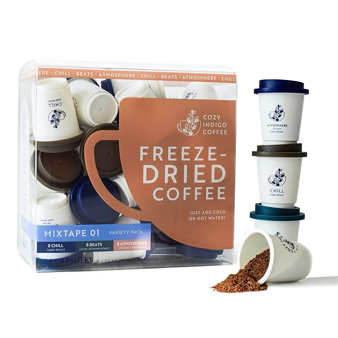 COZY INDIGO COFFEE - MIXTAPE 01 Instant Freeze Dried Specialty Coffee 3 Flavor Variety Pack Medium Dark Italian Roasts 24 Capsules 100% Arabica Beans Enjoy Cold or Hot Perfect for Travel and O