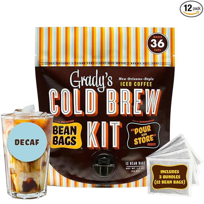 GRADY’S COLD BREW New Orleans Style - DECAF 100% Arabica Ground Coffee &amp Chicory Pouches All-in-One Cold Brew Kit with 12 Easy-to-Brew Beans Bags Makes 36 drinks