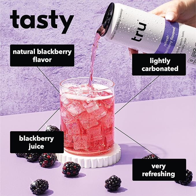Tru Refresh Seltzer Sparkling Water with Electrolytes Prickly Pear Lemon Balm &amp Real Blackberry Juice Sweetened with Monk Fruit &amp Stevia Gluten Free Vegan Caffeine Free 12 FL OZ Cans