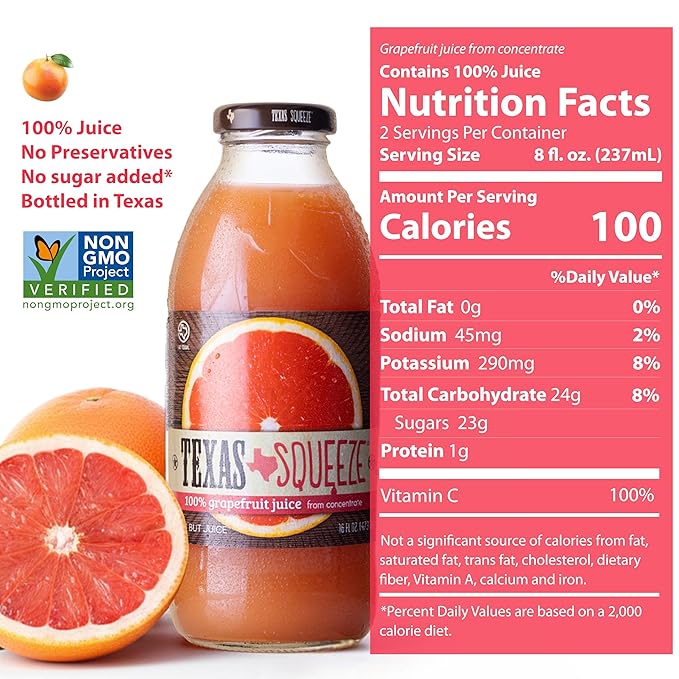 Texas Squeeze Grapefruit Juice NON GMO Verified Texas Grown and Bottled Grapefruit Juice from Concentrate No Sugar Added No Preservatives 16 fl oz Pack of 12