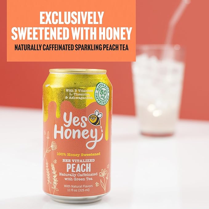 Yes Honey Sparkling Peach Tea 11oz (12-Cans) 100% Honey-Sweetened Alpha Gal Friendly Naturally Caffeinated with Green Tea with B Vitamins L-Theanine and Ashwagandha