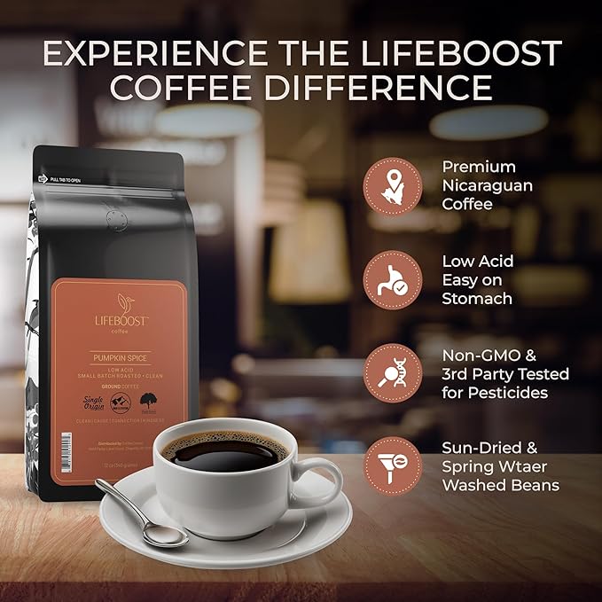 Lifeboost Pumpkin Spice Coffee Ground – Organic Low Acid Non-GMO Single Origin Medium Roast – Mycotoxin-Free Cozy Flavored Fall Coffee 12 oz