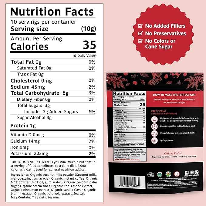 Organic Traditions Dirty Chai Mushroom Coffee Instant Coffee with Lion’s Mane Chaga Reishi Cordyceps Turkey Tail Organic Black Tea MCT Oil Powder Chai Spice Blend 105mg Caffeine 100g / 3.5 o