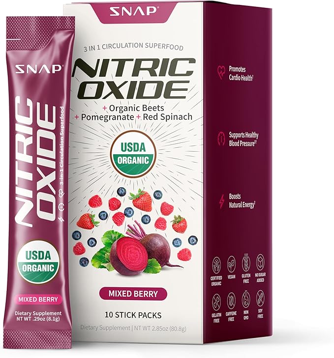 Snap Supplements Organic Beet Root Powder Nitric Oxide Supplement for Men &amp Women with Red Spinach Supports Healthy Energy &amp Blood Pressure Already in Normal Range 10 Stick Packs Mixed Berr