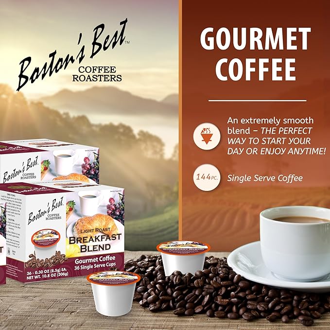 Boston’s Best - Smooth Light-Roast Breakfast Blend Delicious Gourmet Coffee Compatible with Keurig Coffee Maker - 144 Count (Pack of 1)