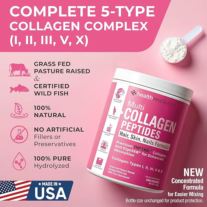 Multi Collagen Peptides Powder – Types I II III V X Hydrolyzed Collagen for Women 99% Absorption Skin Hair Nails Joints Triple Refined - No Clumping Non-GMO Gluten Free Grass Fed Unflavored