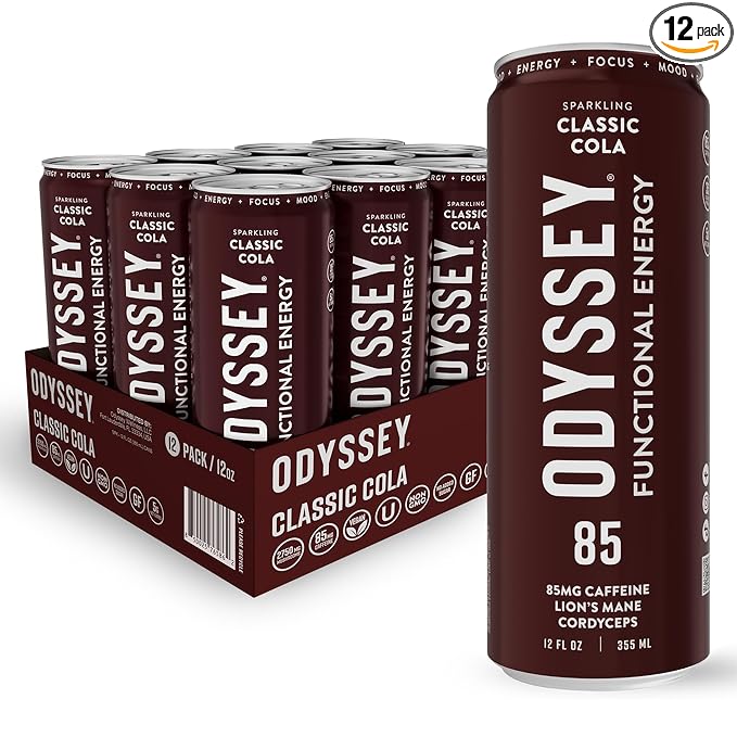 Odyssey Functional Energy Drink for Focus Cognition &amp Mood Support 12 Pack - Adaptogenic Drink with 85mg Green Tea Caffeine Lion’s Mane Cordyceps L-Theanine &amp Ginseng Sparkling Cola
