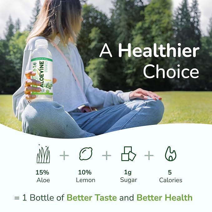 Aloevine Organics No-Pulp Organic Aloe Vera Drink Healthy with Aloe Powder Lemon Juice 5 Calories Low Sugar No Artificial Ingredients 16.9 oz 12 Pack Melon Mint