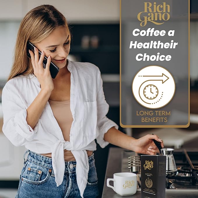 Rich gano Reishi Mushroom Coffee – (7 Boxes of 30 Sachets) Black Coffee with Ganoderma Extract – All Natural Vegan Friendly Instant Coffee Packets – Zero Jitters Energize Support