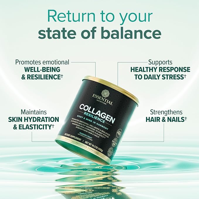 Essential Nutrition Collagen Resilience - Hydrolyzed Collagen Peptides Powder with Hyaluronic Acid Silicon Amino-Acids &amp Passion Flower Extract - Passion Fruit - 14.3 oz (30 Servings)
