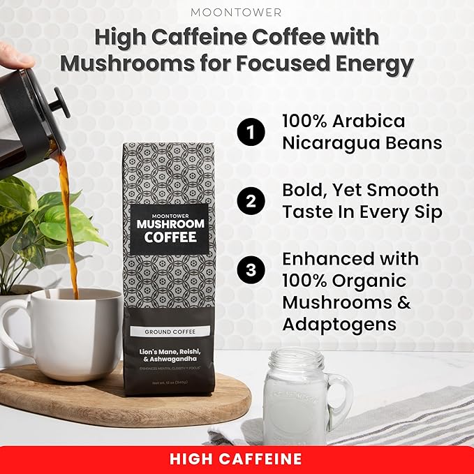 Moontower High-Caffeine Mushroom Coffee - Organic Lions Mane Reishi and Ashwagandha Adaptogen Mushroom Blend Nicaragua Arabica Beans - Boosted Energy Mental Clarity &amp Relaxation (12 oz)
