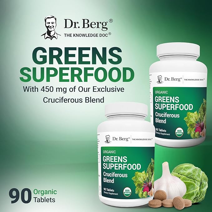 Dr. Berg's Greens Superfood Cruciferous Vegetable Tablets - Vegetable Supplements for Adults w/ 11 Phytonutrient Super Greens - Energy Immune System &amp Liver Veggie Tablets - 90 Tablet