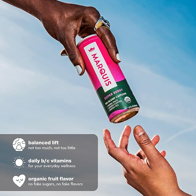Marquis Natural Energy Drinks Sugar Free Zero Calories - 100mg Organic Plant Based Caffeine Yerba Mate Green Tea &amp Green Coffee - Vitamin C &amp Bs - Super Berry Healthy Energy Drink - 12oz Cans