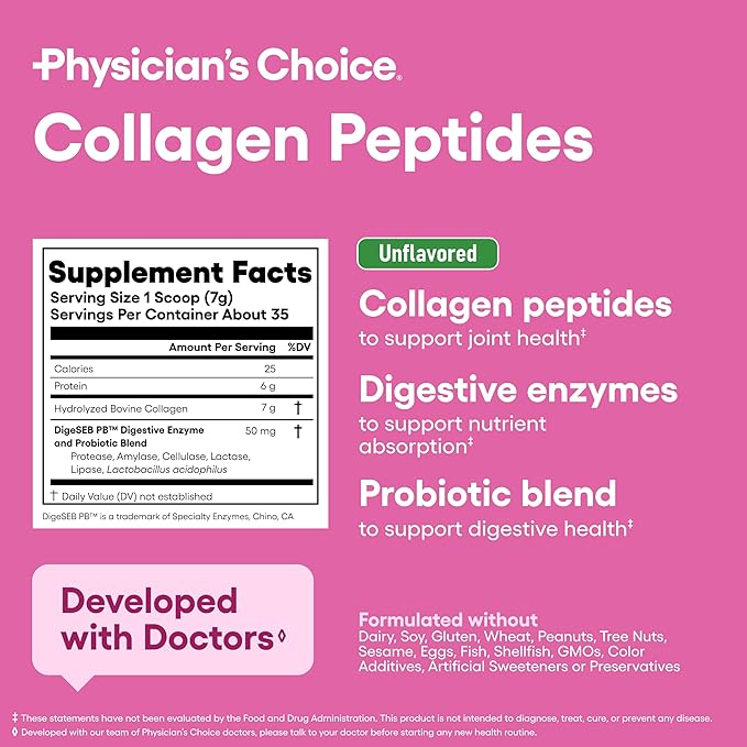 Physician's CHOICE - Full Gut Health Bundle: Collagen Peptides Powder + Digestive Enzymes 60ct for Digestive Comfort Workout Recovery &amp Skin Nails and Joint Support