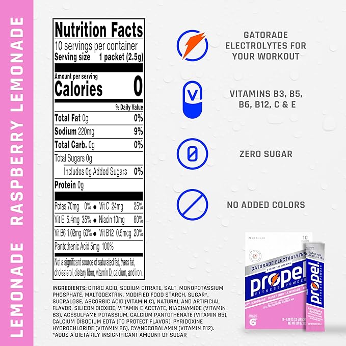 Propel Electrolyte Enhanced Water Drink Mix Powder Packets Raspberry Lemonade Zero Calorie &amp 0 Sugar Hydration with Electrolytes and Vitamins C &amp E (120 Packets)