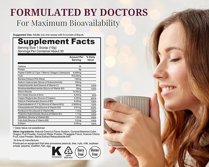 Marine Collagen Peptides - Dragon Fruit Coconut Water Pineapple - Vitamin C Hyaluronic Acid Copper Zinc Biotin Niacin D3 B-Complex - Hair Skin &amp Nails 30 Servings