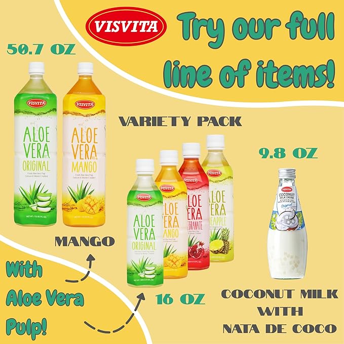 VISVITA Aloe Vera Juice with Real Pulp Mango | Digestive Health Hydration &amp Energy Boost | No Artificial Colors 16.9 oz (Pack of 20)