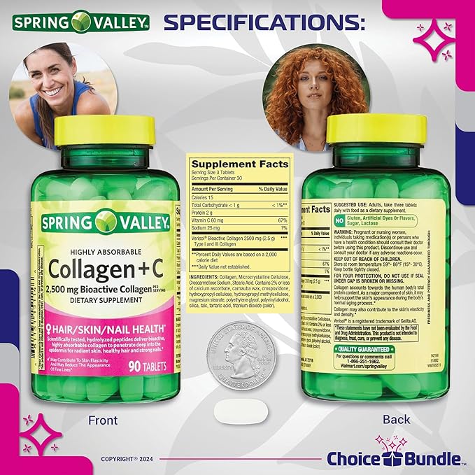 Spring Valley Highly Absorbable Collagen + Vitamin C Tablets Hair Skin Nail Health 2500 mg 90 Ct 4 pk (360 Total) + Vitamin Vitality &amp Pill Container (6 Items)!
