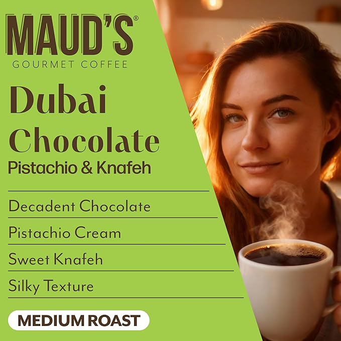 Maud's Dubai Chocolate Flavored Coffee Pods 36 ct Medium Roast Flavored Coffee in Single Serve Pods – 100% Arabica Beans Compatible with Keurig K Cups Maker