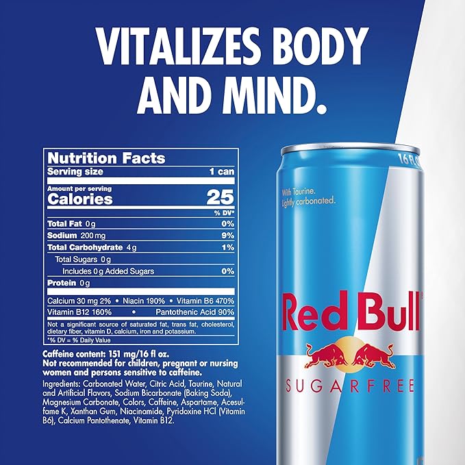 Red Bull Sugar Free Energy Drink with 151mg Caffeine plus Taurine &amp B Vitamins 16 Fl Oz Pack of 12 Cans