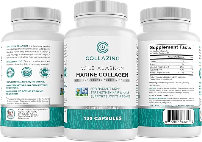 Alaskan Wild-Caught Marine Collagen Peptides with Hyaluronic Acid &amp Vitamin C - Supports Skin Hair Nails Joints &amp Bones - Type 1 &amp 3 Collagen for Women &amp Men - 120 Powder Capsules