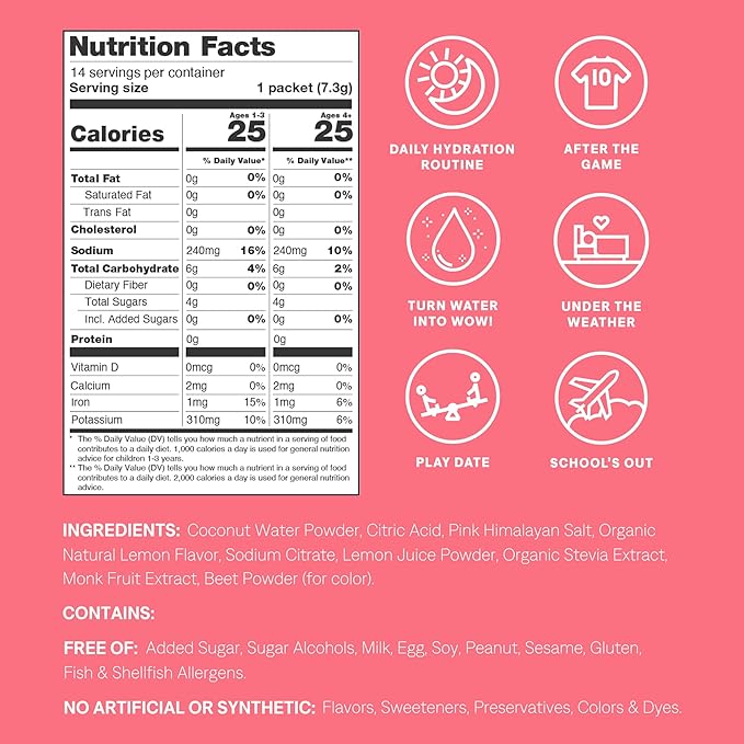 Cure Hydration - Kids Electrolyte Drink Mix | Plant-Based Pediatrician Formulated Rehydration | No Added Sugar FSA-HSA Non-GMO Gluten-Free No Artificial Flavors | 14 Packets - Pink Lemonade