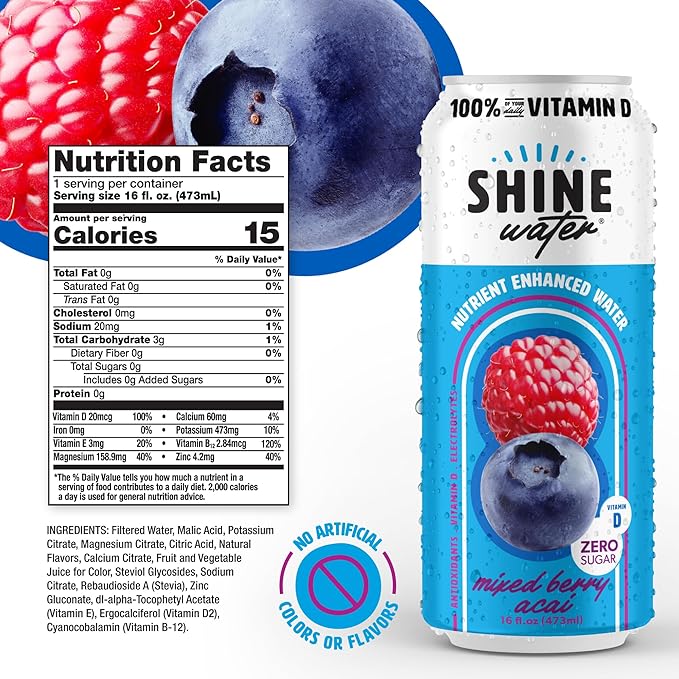 Shine Water Mixed Berry Acai Vitamin D Electrolyte Drink | Zero Sugar Hydration Beverage with Magnesium Zinc &amp Antioxidants | Low Calorie Plant-Based Vitamin Water | 12 Pack