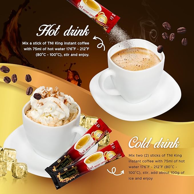 TNI King Coffee 3 in 1 Instant Vietnamese Coffee 100 Single Serve Packets - Individual Pocket Size Sachet Sticks - Blended with Coffee Cream Powder and Sugar - 2 Pack