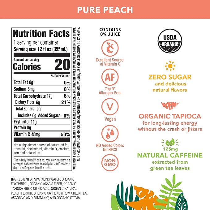 OCA ZERO Pure Peach Organic energy drink zero sugar gluten-free vegan plant-based 12 Fl Oz (12-pack)