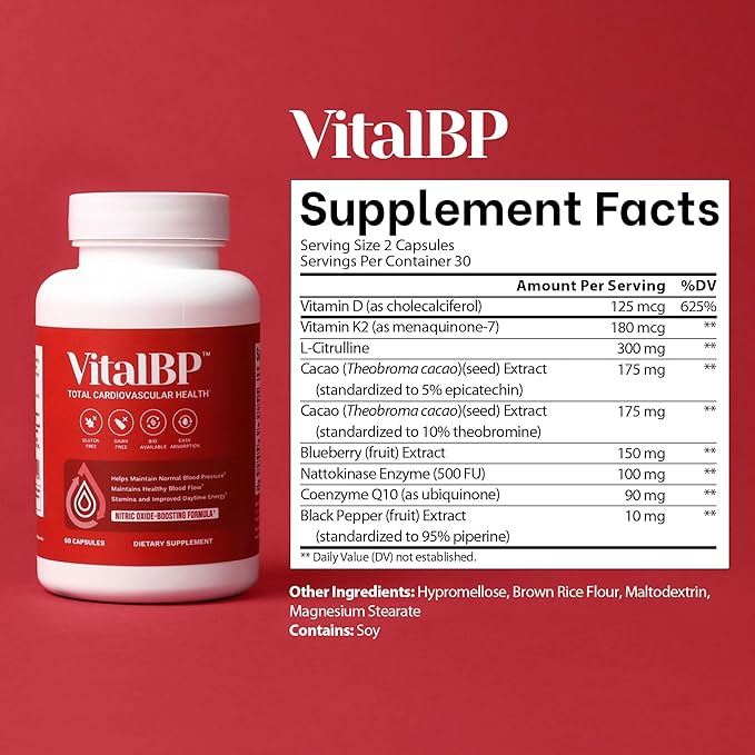 Vital BP - Support for Normal Blood Pressure - Supports Blood Flow &amp Arteries - with CoQ10 L-Citrulline and K2 &amp D3-60 Capsules