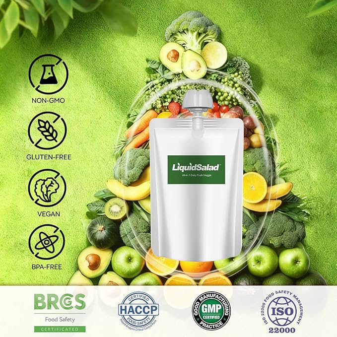 Liquid Salad 16 Fruits &amp Vegetables Juice Superfood Smoothie Pouches Assorted Ready-to-Eat Salad with dietary fiber &amp Prebiotic Wholesome Vegan Snack 7 Pouches