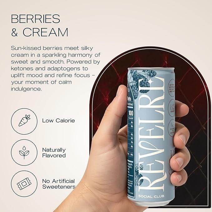 Revelre Functional Social Tonic with Ketones and Adaptogens - Mindful Blend for Focus and Calm - Ketones Magnesium B12 Reishi &amp Cordyceps Mushrooms - Non Alcoholic - Berries &amp Cream12 oz (
