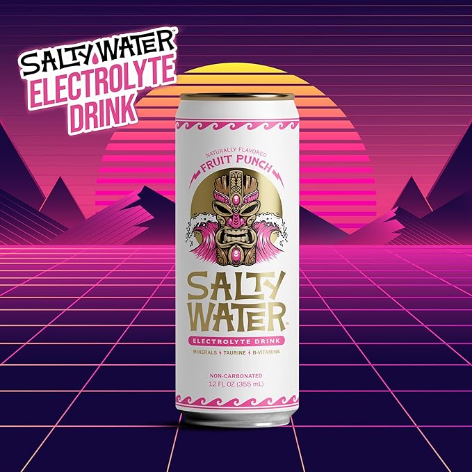 SaltyWater Electrolyte Drink Fruit Punch – Zero Sugar Premium Hydration Drink 10 Calories Minerals Taurine B-Vitamins Non-Carbonated - Zero Caffeine Electrolyte Sports Drink - Gluten Free - 12 P