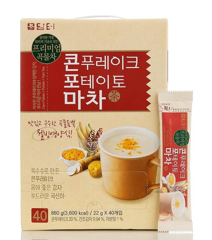 Damtuh Yam (Ma) Tea Powder Drink Mix with Corn Flakes &amp Potato Flakes – Korean Cereal-Style Instant Hot Drink Creamy &amp Smooth 22g x 40 Stick Packs
