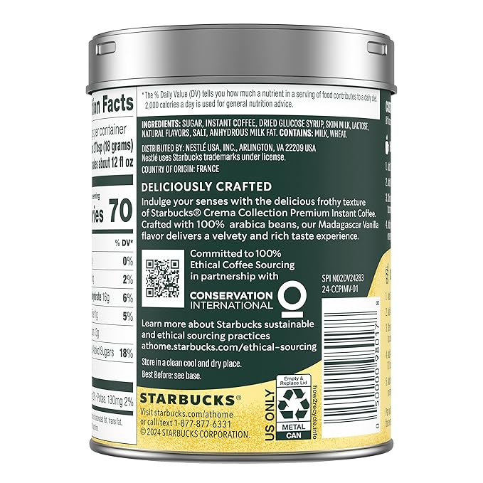 Starbucks Crema Collection Premium Instant Madagascar Vanilla Flavored Instant Coffee 100% Arabica Beans 3 Tins (7.12 Oz Each)