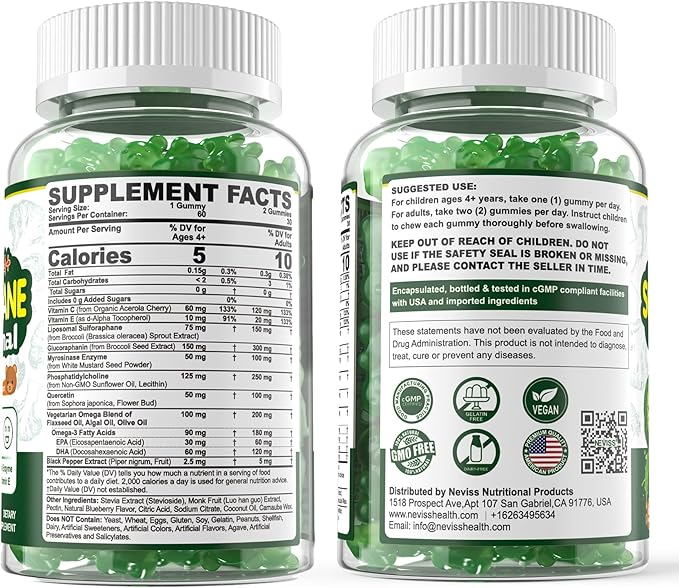 Liposomal Sulforaphane Supplement Gummies for Kids 4+ &amp Adults Broccoli Sprouts Extract w/Myrosinase Glucoraphanin Quercetin Omega-3 Vitamin C E for Antioxidant Cellular Health Vegan 120