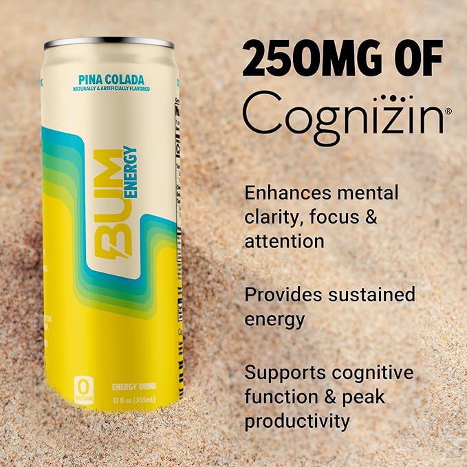 BUM Sugar-Free Energy Drink Pina Colada - Lightly Carbonated &amp No Artificial Colors Natural Caffeine &amp Citicoline for Energy &amp Focus Brain Boost &amp Workout Sports Beverage - 12 oz P